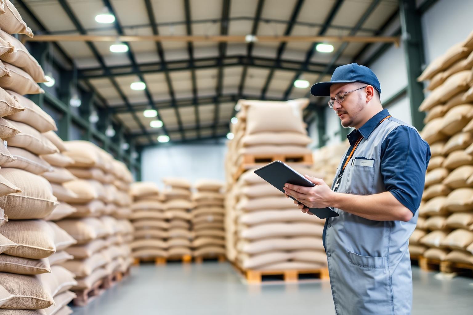 Inspector reviewing stacked commodity bags in an export warehouse
